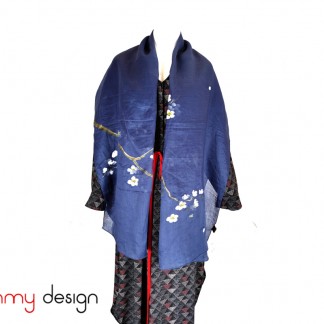 Blue ramie scarf hand-painted with apricot blossom